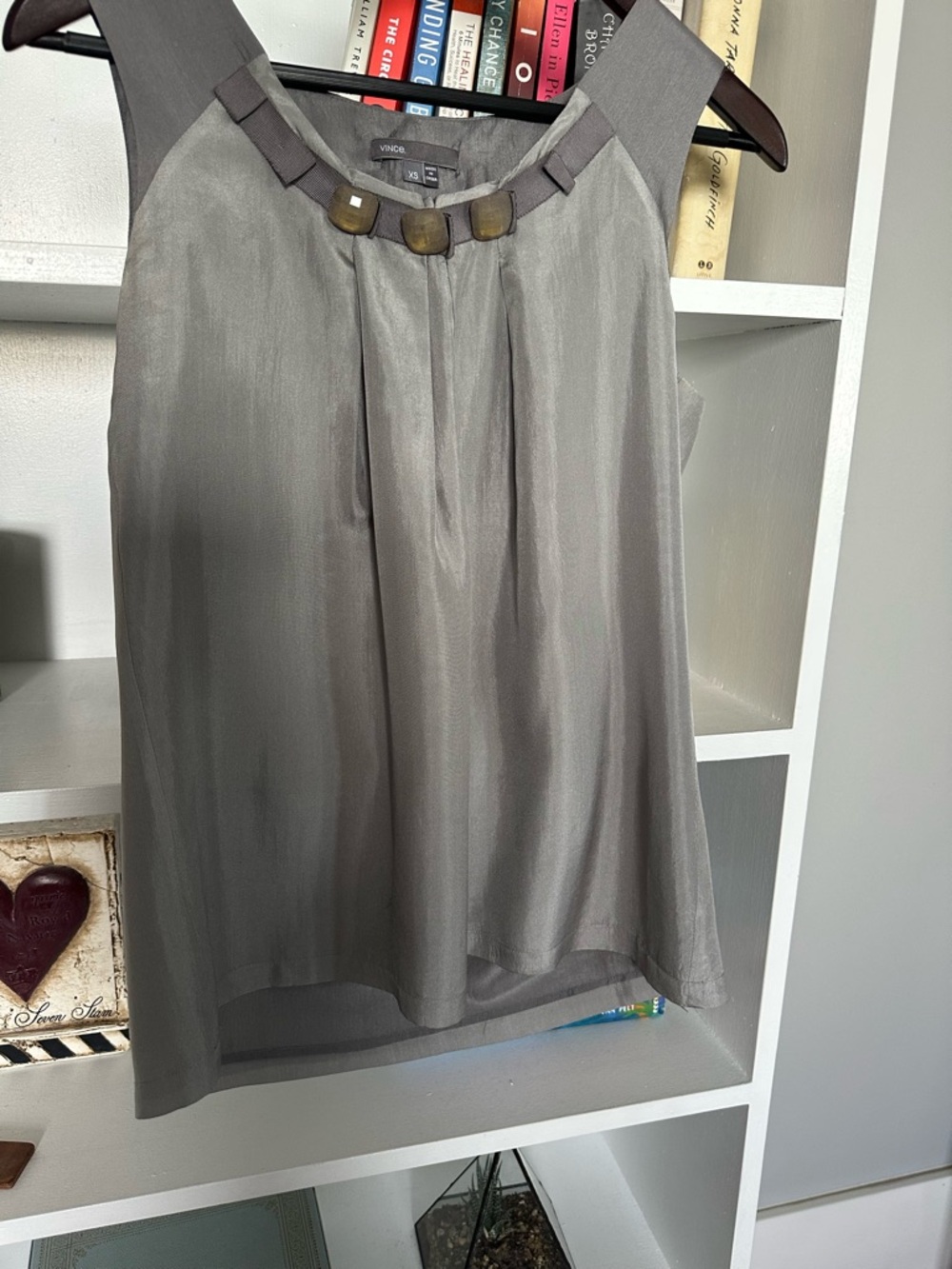 Vince Gray Satin-Feel Pleated Tank with Square Accent Trim